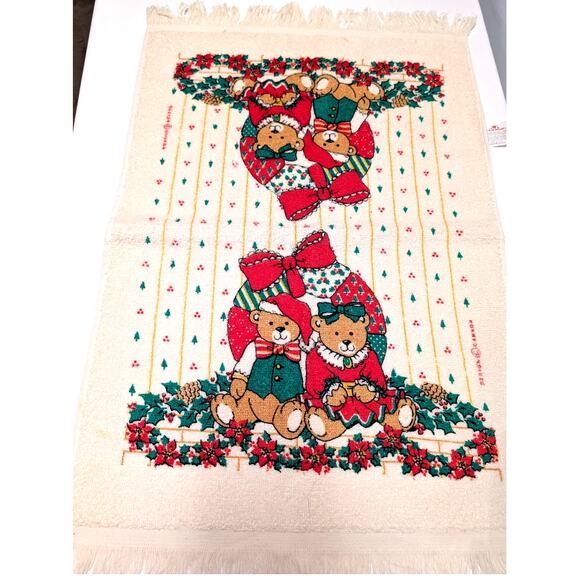 Vintage Cannon Christmas Bears Hand Towes Set of 2 Cotton Cream Red Green 25x16 - Picture 7 of 8